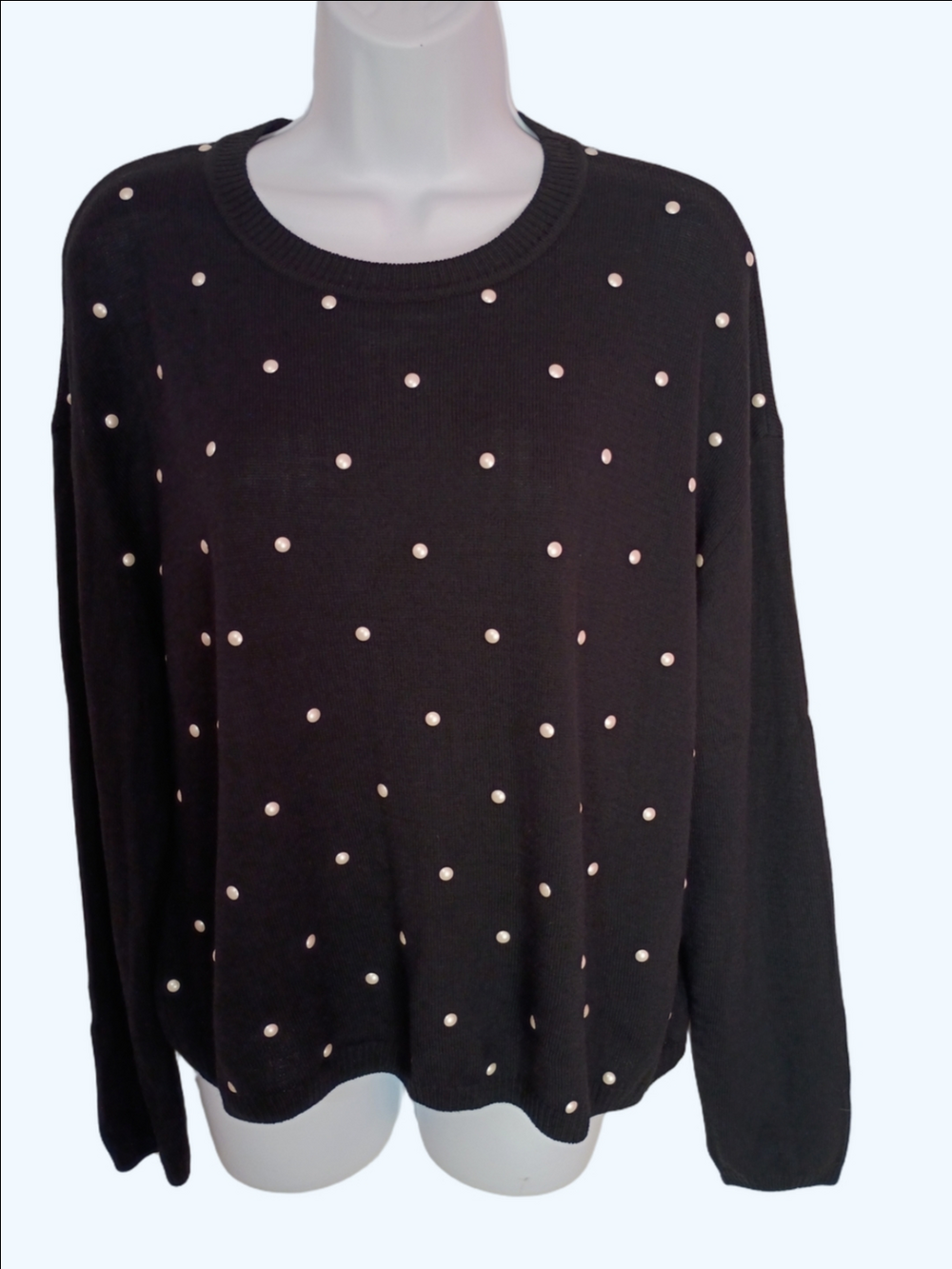 St. John Black Crewneck Sweater with Faux Pearl Dot Embellishments 90's - Picture 2 of 7